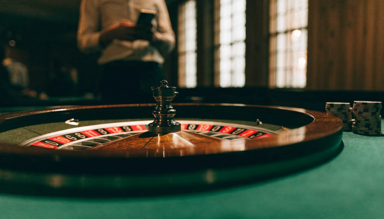 Roulettehjul på ett casinobord med en smartphone i bakgrunden, stämningsfull belysning