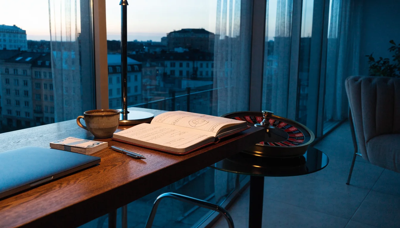 Skrivbord med stängd laptop och svenska kronors sedlar i ett modernt Stockholms-hem