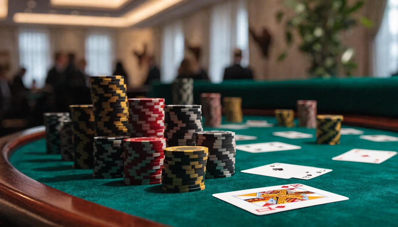 Elegant blackjackbord med marker och kort på ett svenskt casino