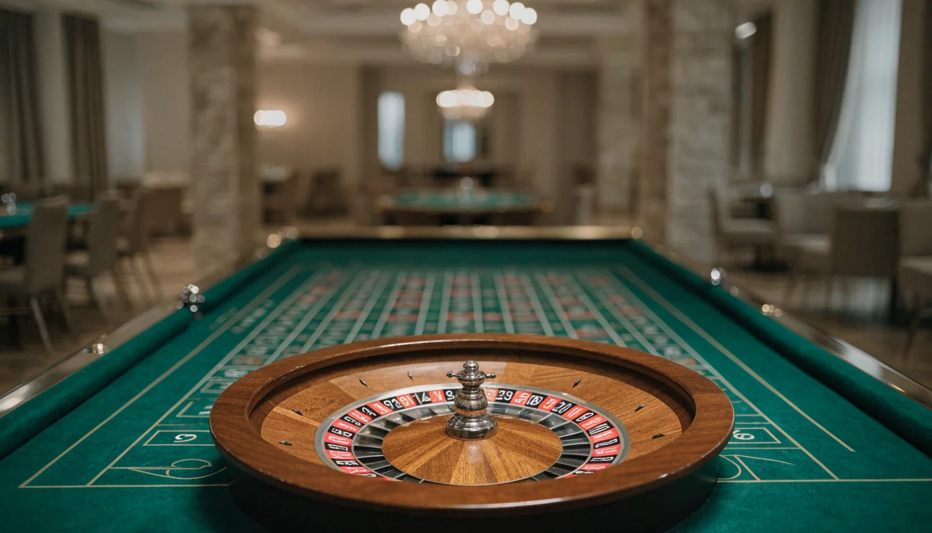 Tomt roulettebord på ett europeiskt casino med trähjul och grön spelduk