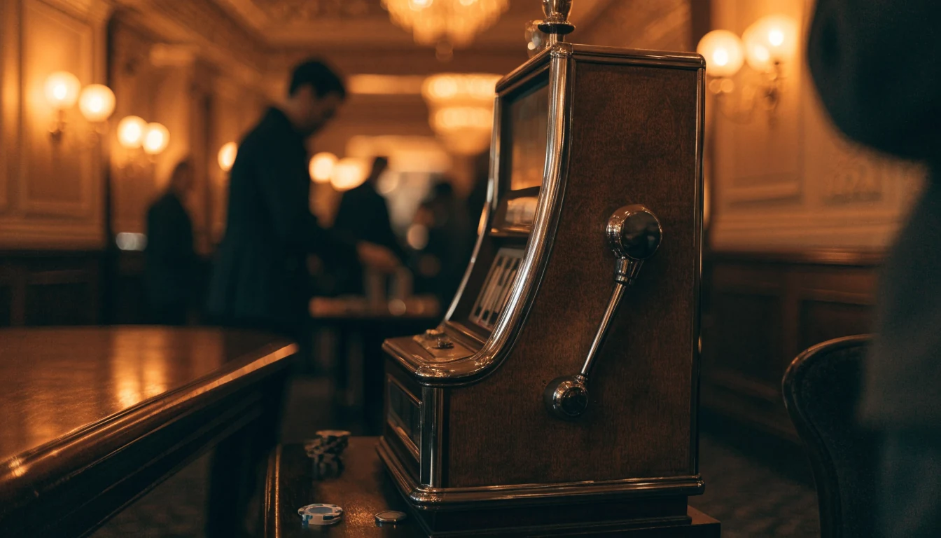 Klassisk spelautomat i en elegant casinomiljö med varm belysning