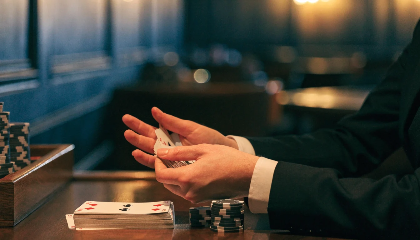 Elegant blackjack-bord i en svensk casinolounge med kort och marker