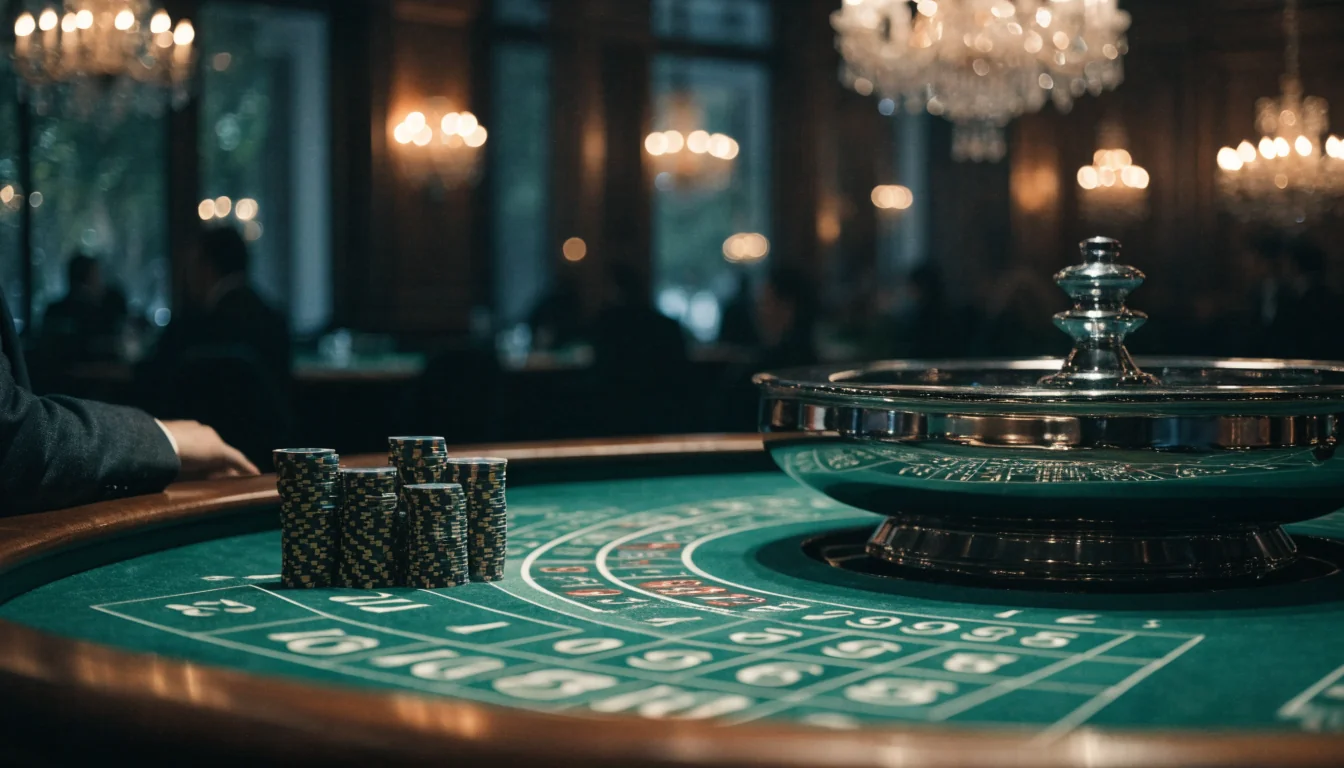 Elegant svenskt casinobord med roulette och höga insatser i lyxig miljö