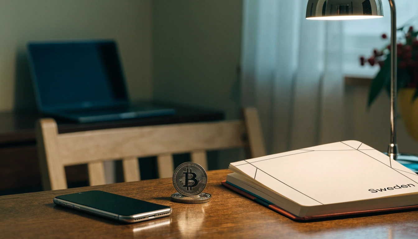 Bitcoin-mynt, mobiltelefon och svensk anteckningsbok på ett skrivbord