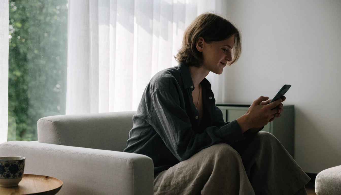 Person som betalar med mobilen hemma i en modern svensk vardagsrumsmiljö