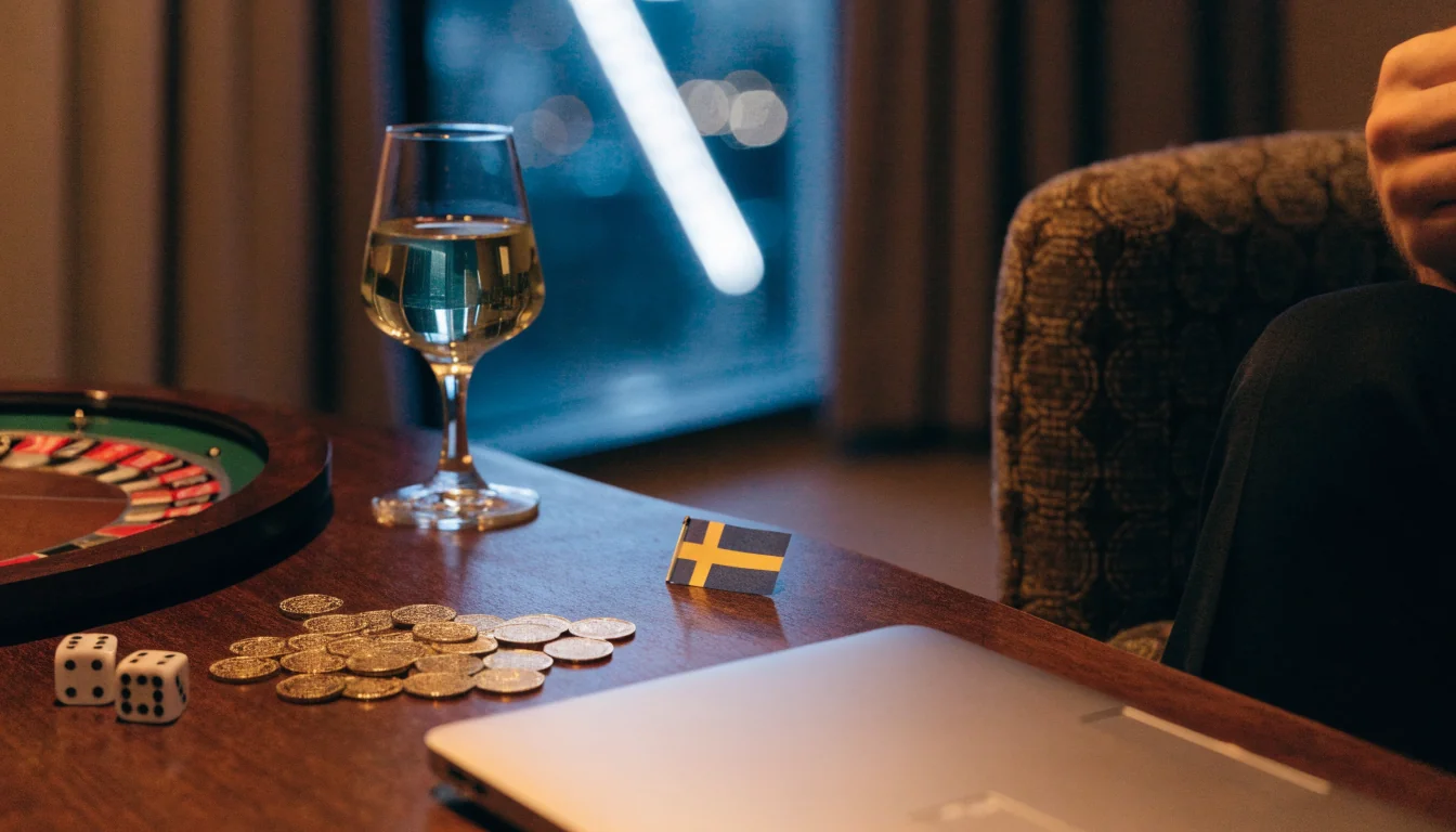 Dogecoin-tokens, tärningar och roulette på ett bord i en modern svensk lägenhet