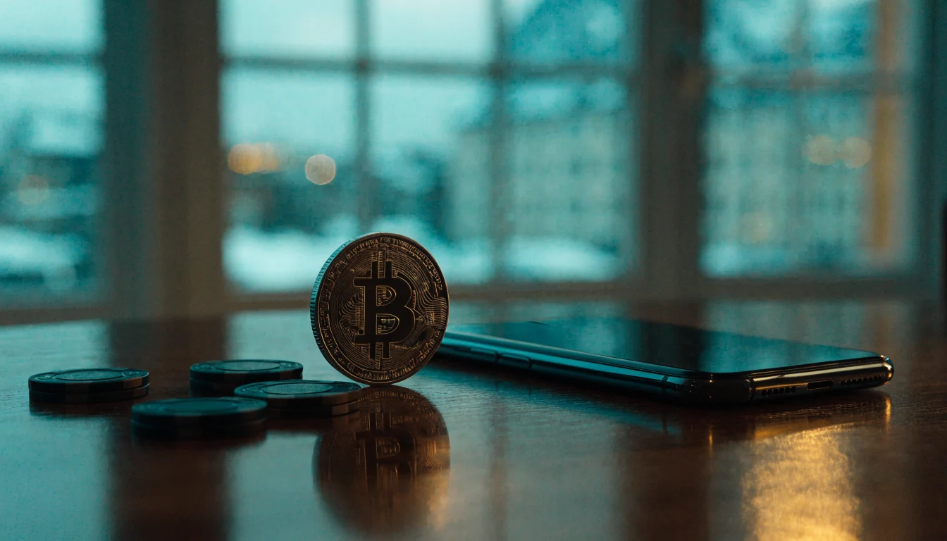 Kryptovaluta-mynt och casinofigurer på ett elegant mörkt bord