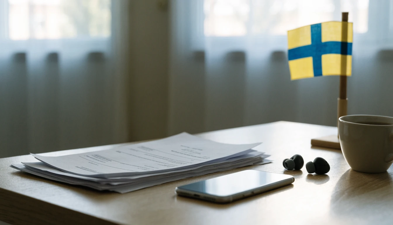 Skrivbordsbild med pappersfakturor och mobiltelefon i skandinavisk stil