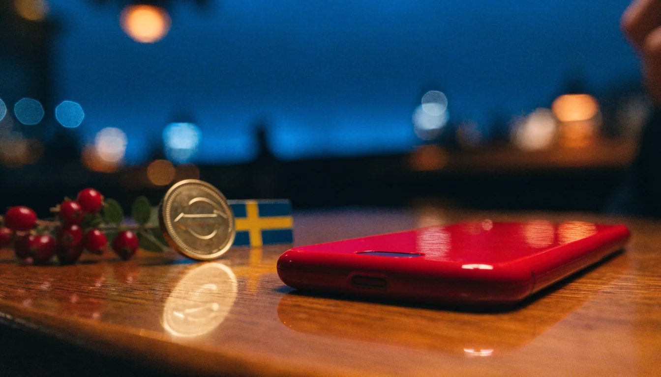 Smarttelefon med gratis snurr-symbol och svensk flagga på bord