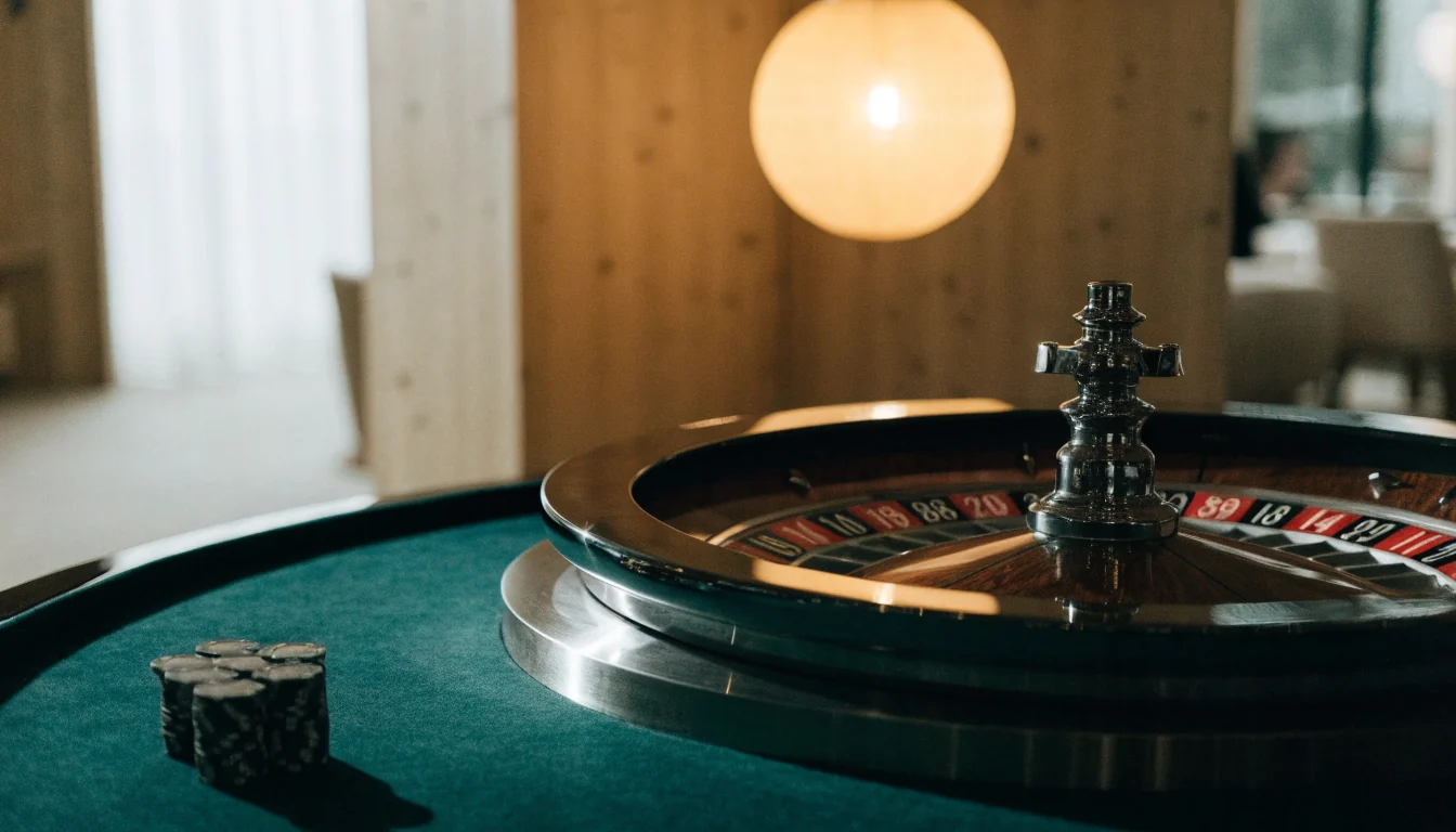 Roulettbord i elegant skandinavisk casinomiljö med varma ljus och stapelmarker