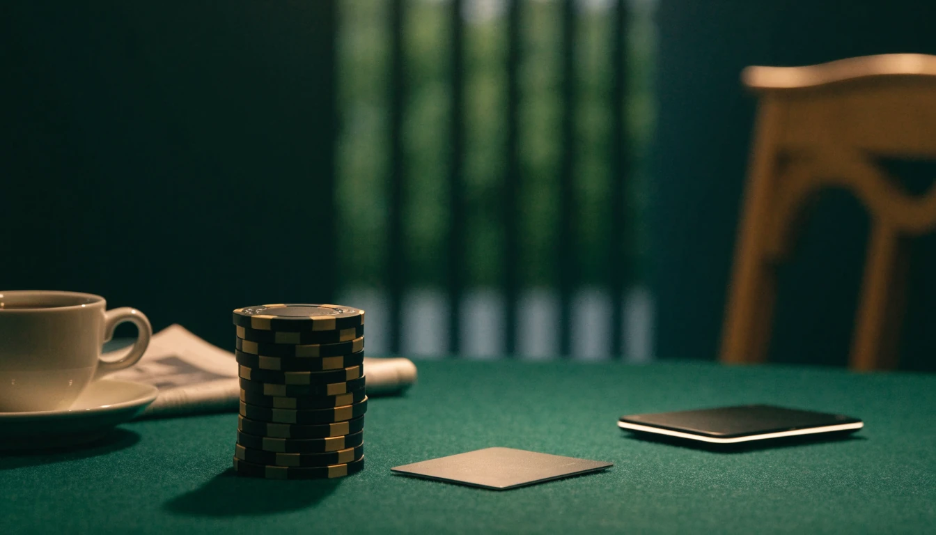Casinomarker och en e-plånbok på en grön filtbord i en stilren svensk miljö