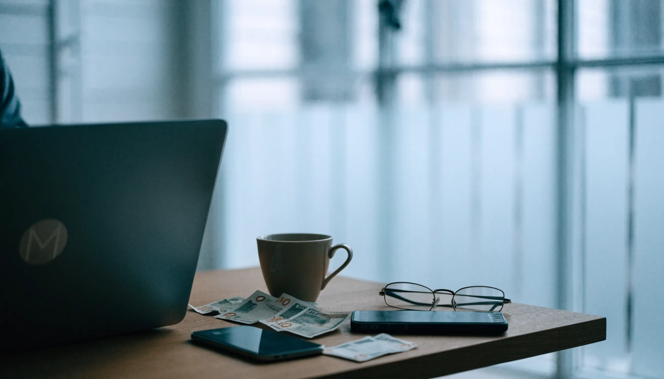 Skandinaviskt skrivbord med stängd laptop och svenska sedlar