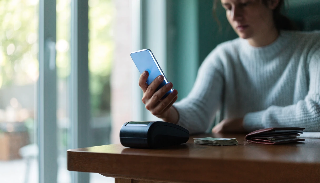 Person med mobiltelefon och kontaktlös betalning vid bord