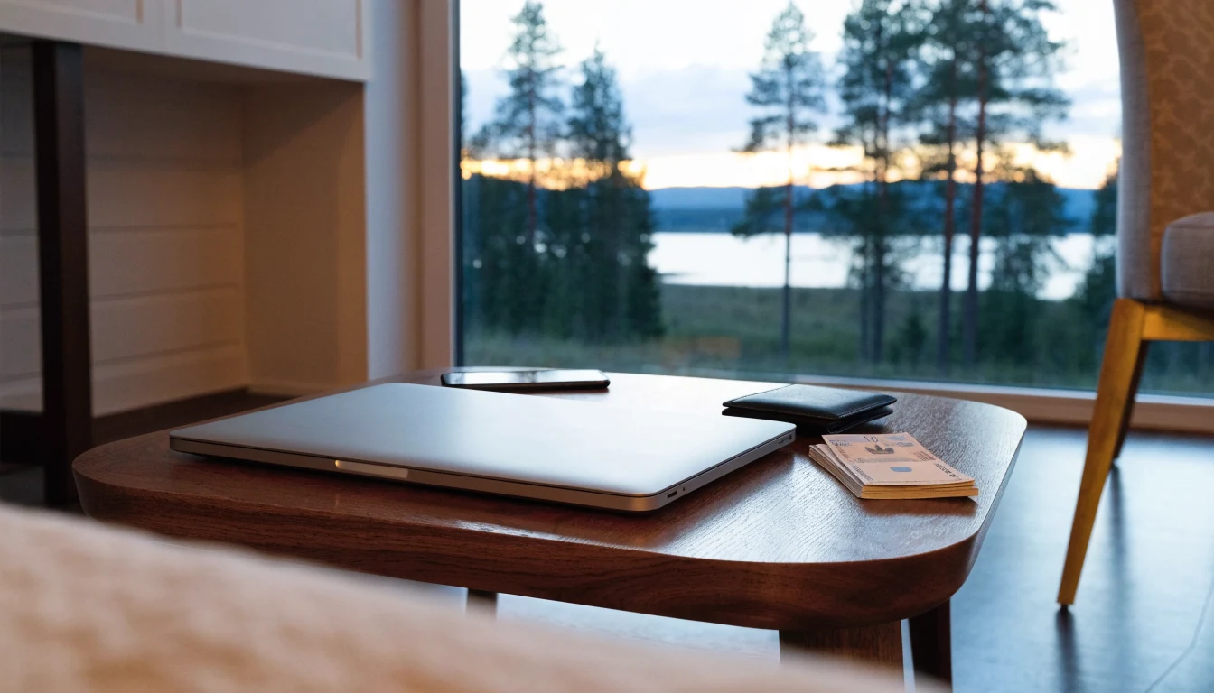 Stilrent vardagsrum med stängd laptop och svenska sedlar på bordet