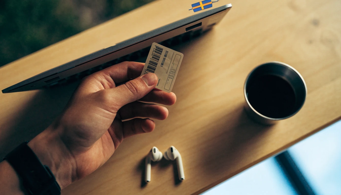 Paysafecard-kupong och bärbar dator på skrivbord med svensk kontext