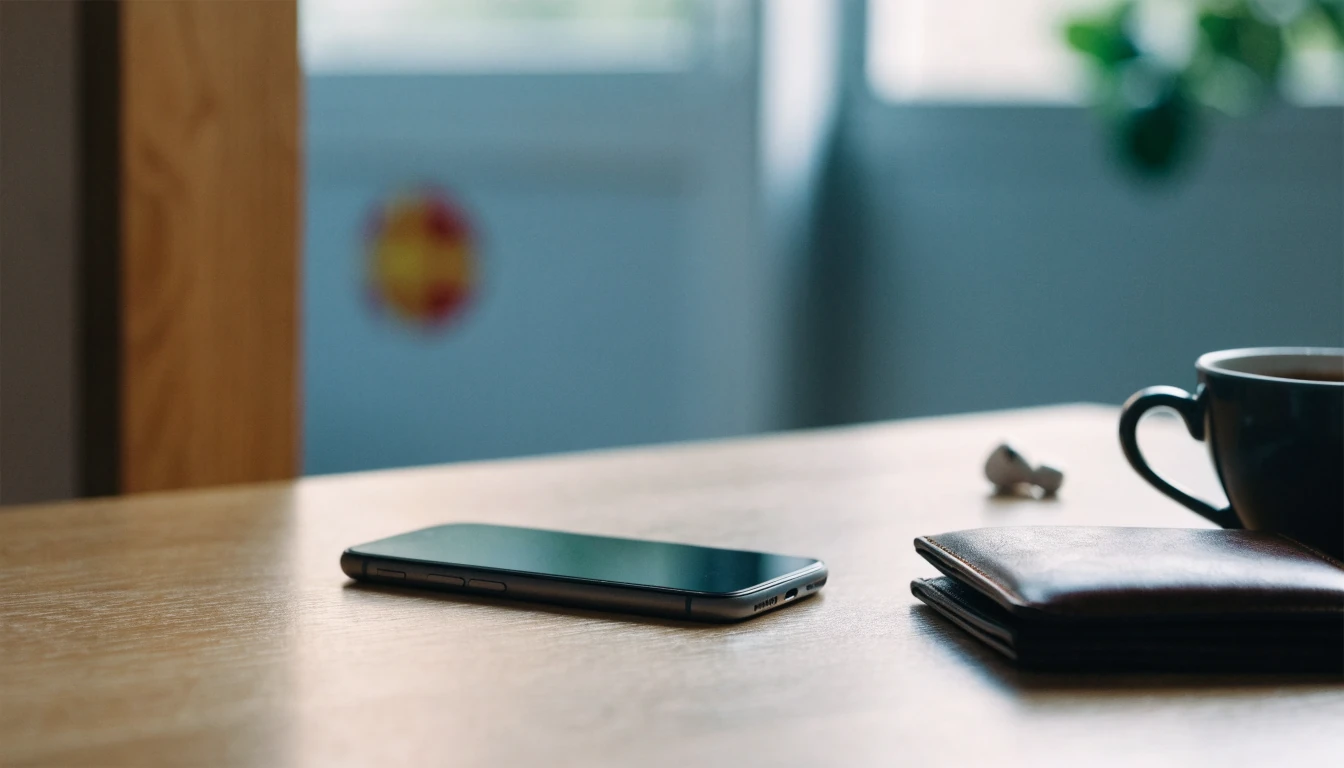 Smartphone och plånbok på skandinaviskt skrivbord med svenska detaljer