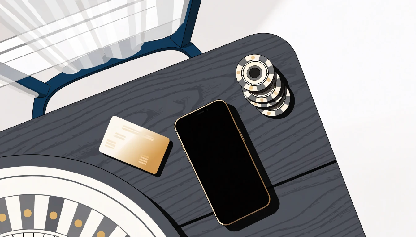 Smarttelefon med Revolut-kort, casinotärningar och roulette på ett svenskt bord