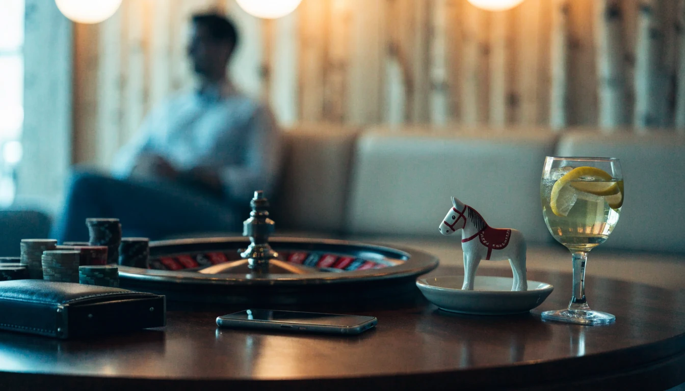 Nordiskt casinobord med roulette, marker, vänd smartphone och en dalahäst