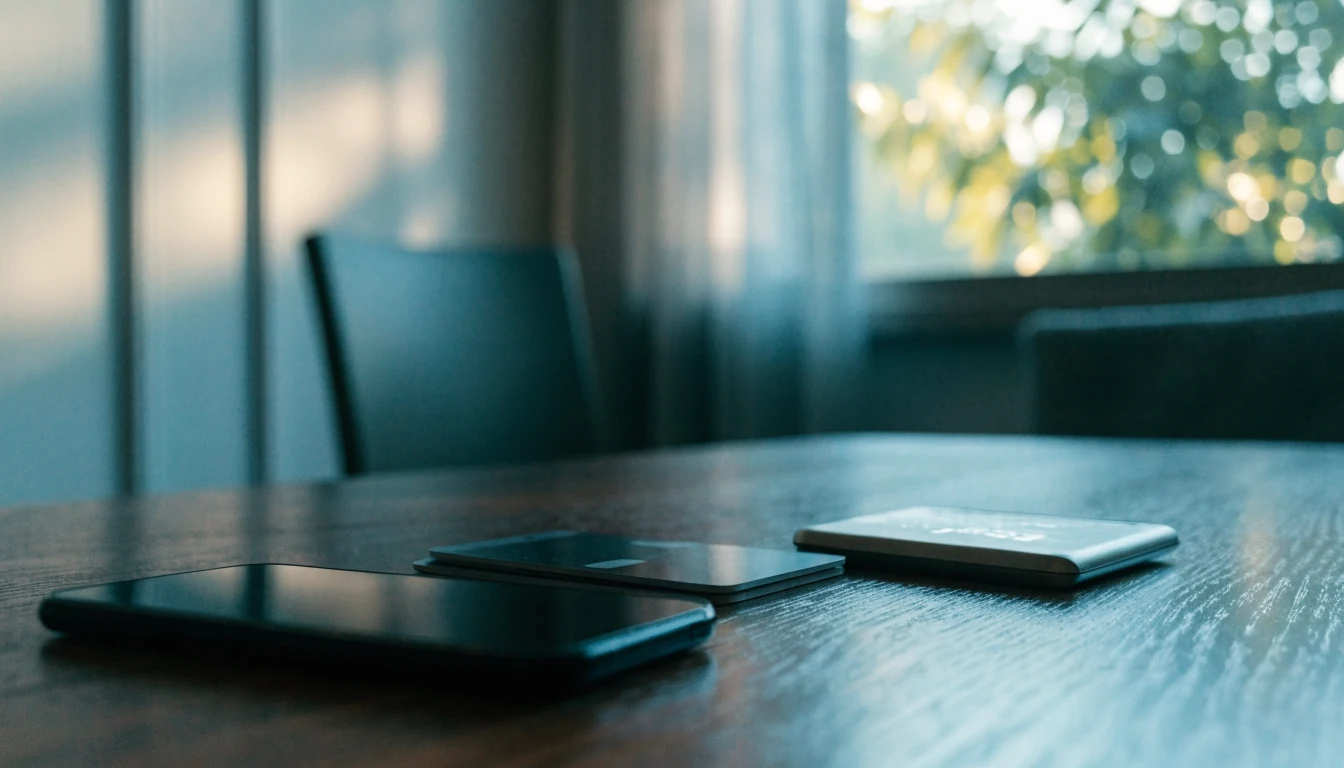 Modern telefon och betalkort på ett skandinaviskt bord