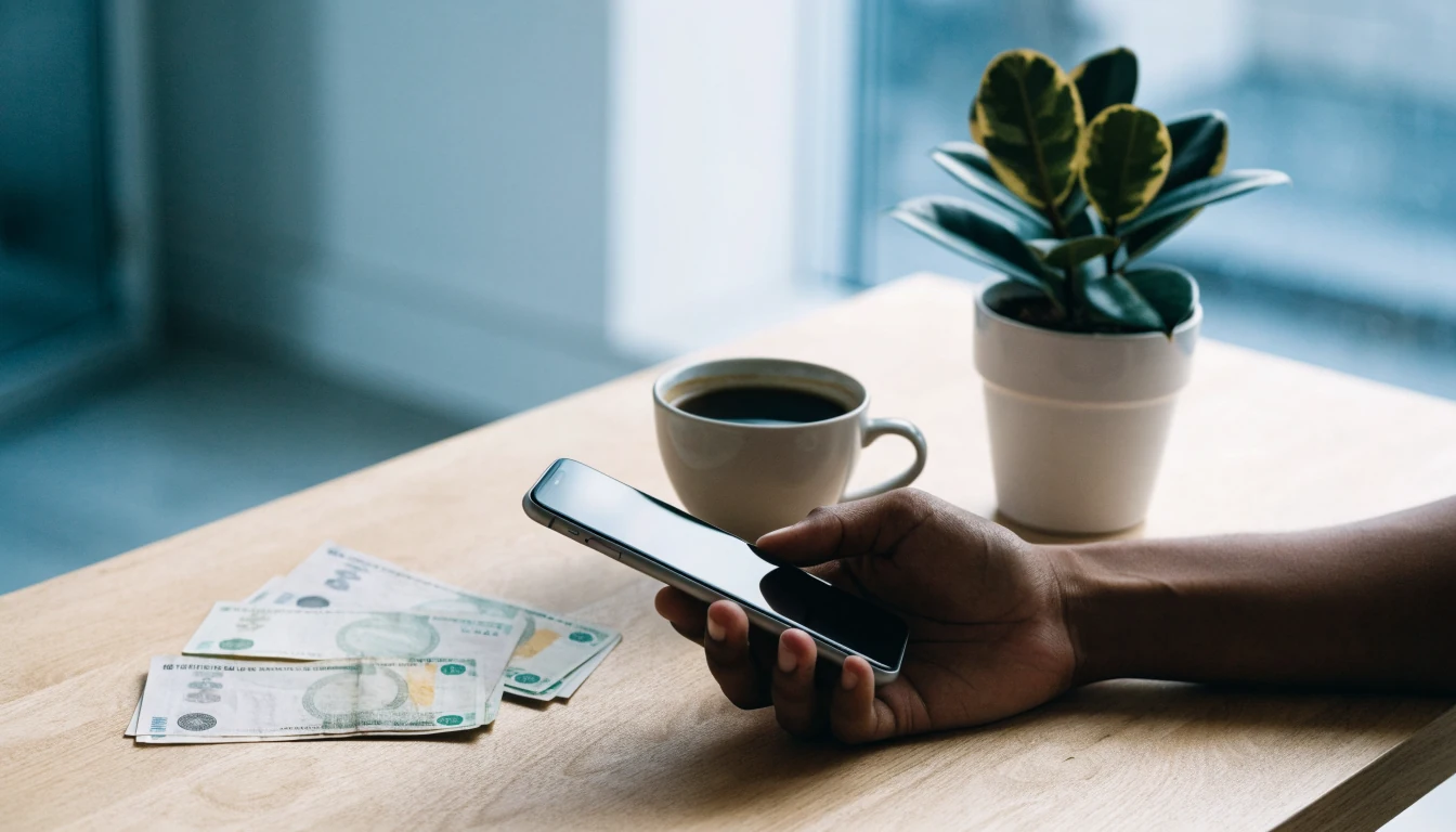 Svensk arbetsplats med telefon, sedlar och kaffe som symboliserar snabba casinouttag