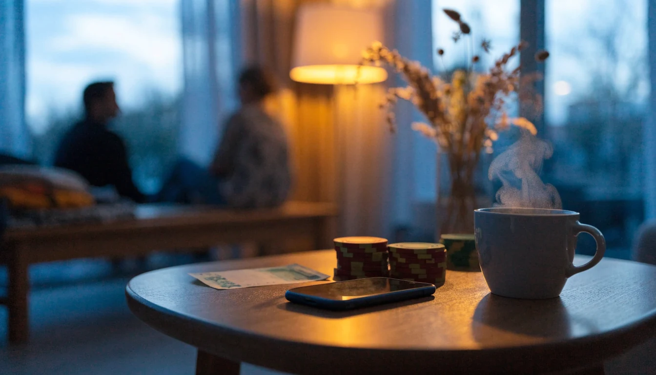 Modernt vardagsrum i Stockholm med telefon och kaffekopp