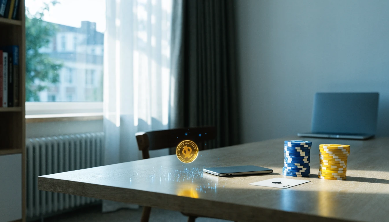 Gyllene kryptovaluta svävar över svenskt bord med casinomarker och spelkort