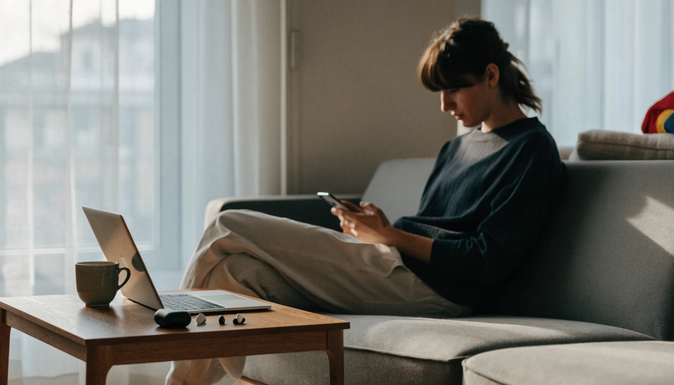 Person i svensk vardagsrum med mobiltelefon och laptop