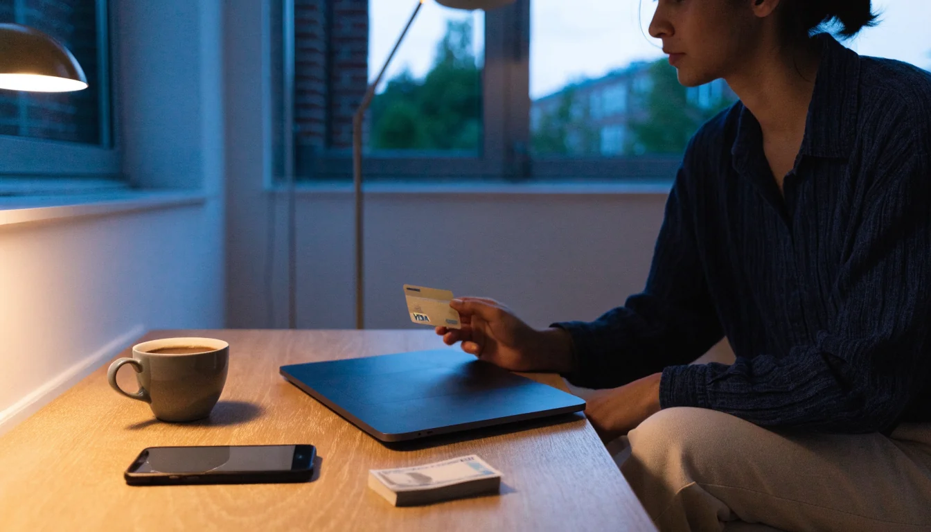 Person vid bord med Visa-kort och laptop i modern svensk lägenhet