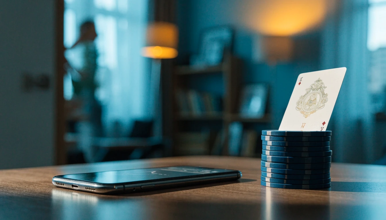 Smartphone och casinojetonger på ett nordiskt bord, blå och gyllene toner