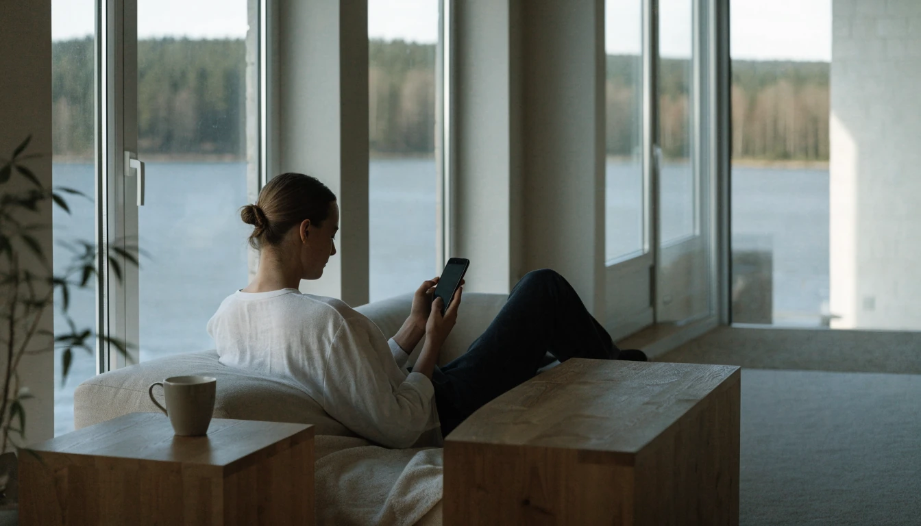 Scandinavisk person i svenskt vardagsrum som håller en Android-telefon, naturligt ljus från fönster