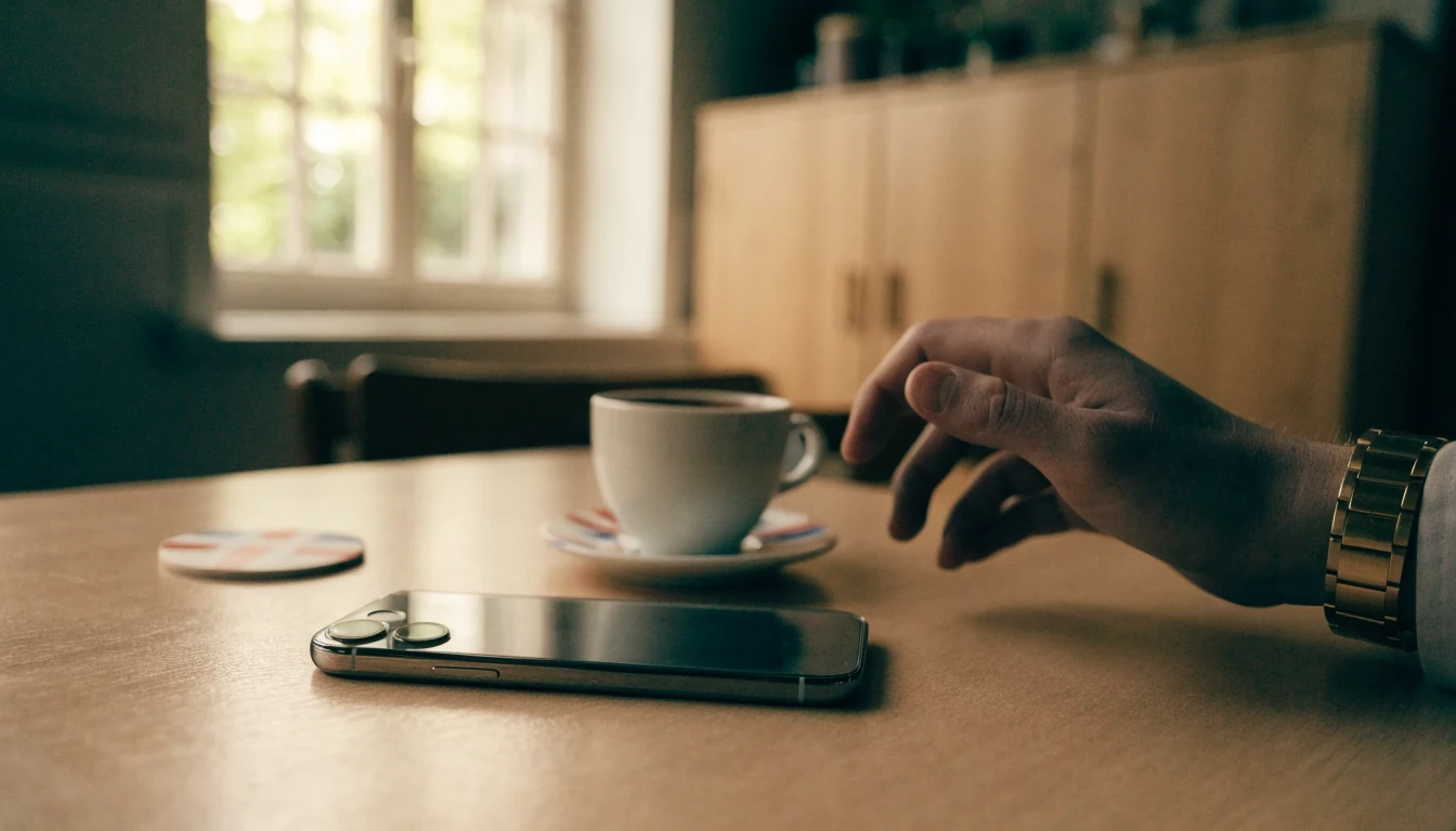 iPhone på ett svenskt cafébord med kaffe och naturligt ljus