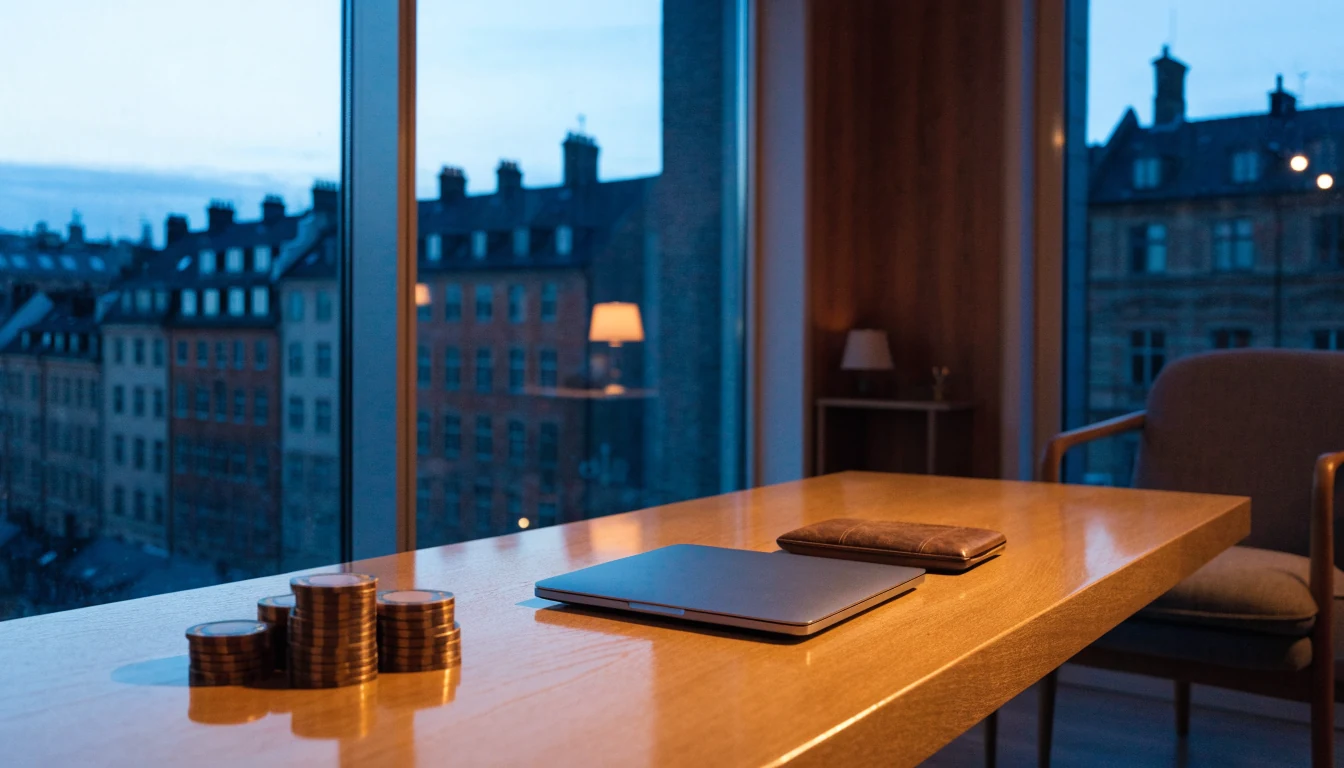 Modernt skandinaviskt vardagsrum med casinotillbehör och utsikt över Stockholm i skymning