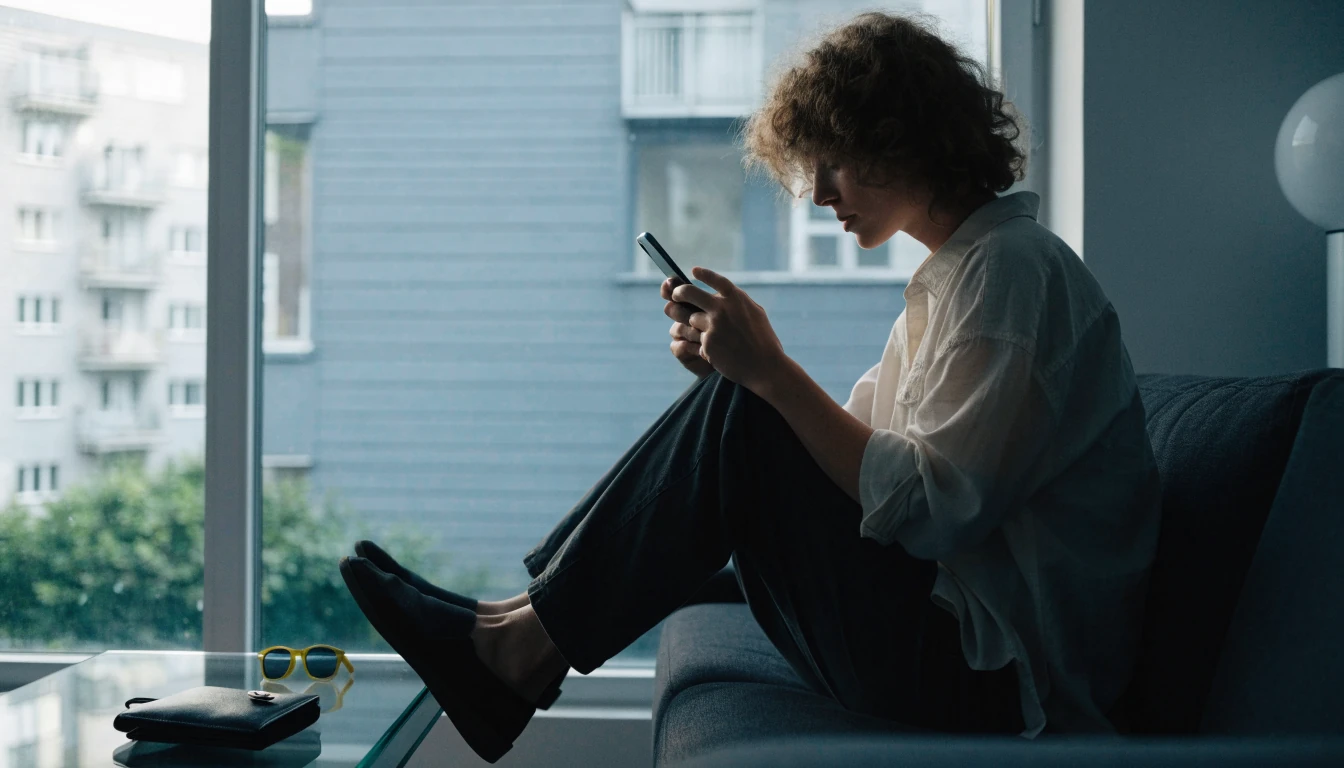 Svensk spelare använder mobiltelefon hemma i modern lägenhet
