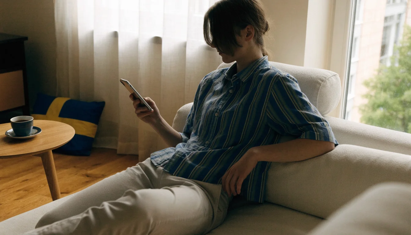 Person i svensk vardagsrum med mobiltelefon, modern och avslappnad atmosfär