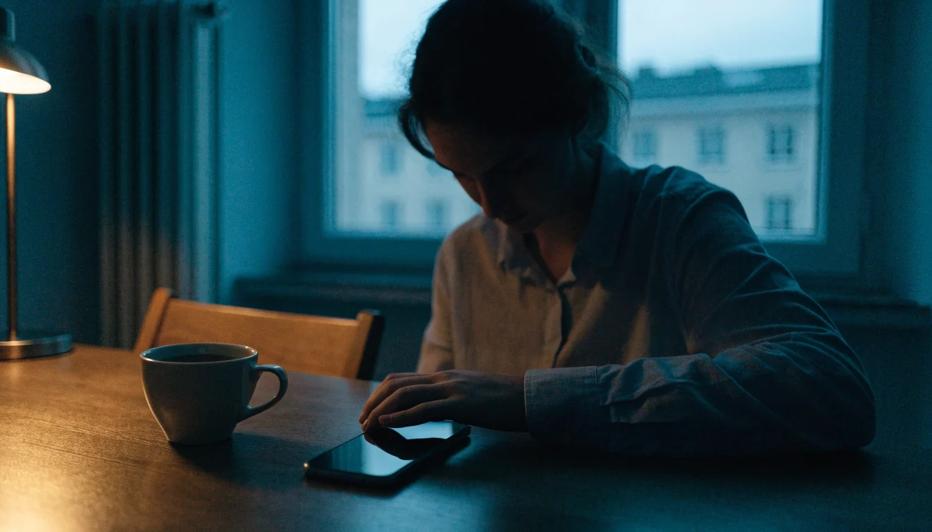 Person som lägger ifrån sig telefonen vid ett bord i skymningsbelysning