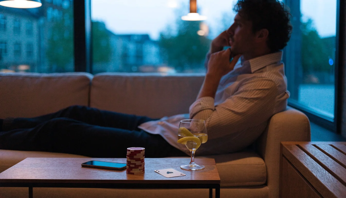 Man med smartphone och casinoföremål i modern svensk lägenhet