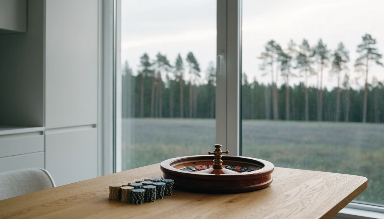 Minimalistisk svensk inredning med roulette och casinotokens på bord