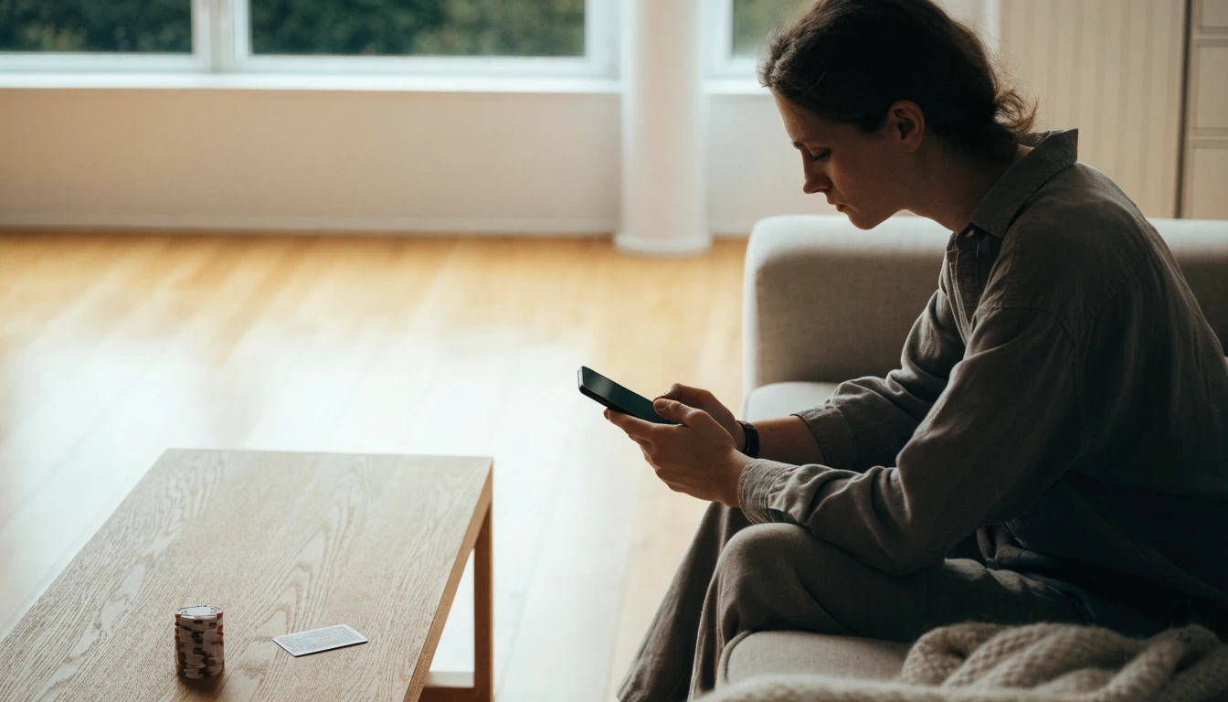 Person i modernt svenskt vardagsrum som håller i en mobiltelefon med casinotillbehör på bordet