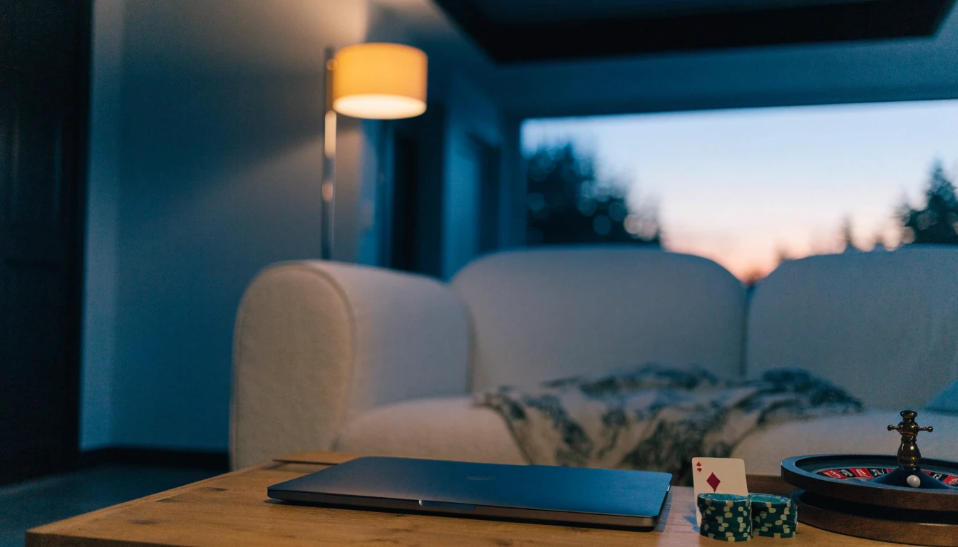 Modernt svenskt vardagsrum med stängd laptop och casinotillbehör
