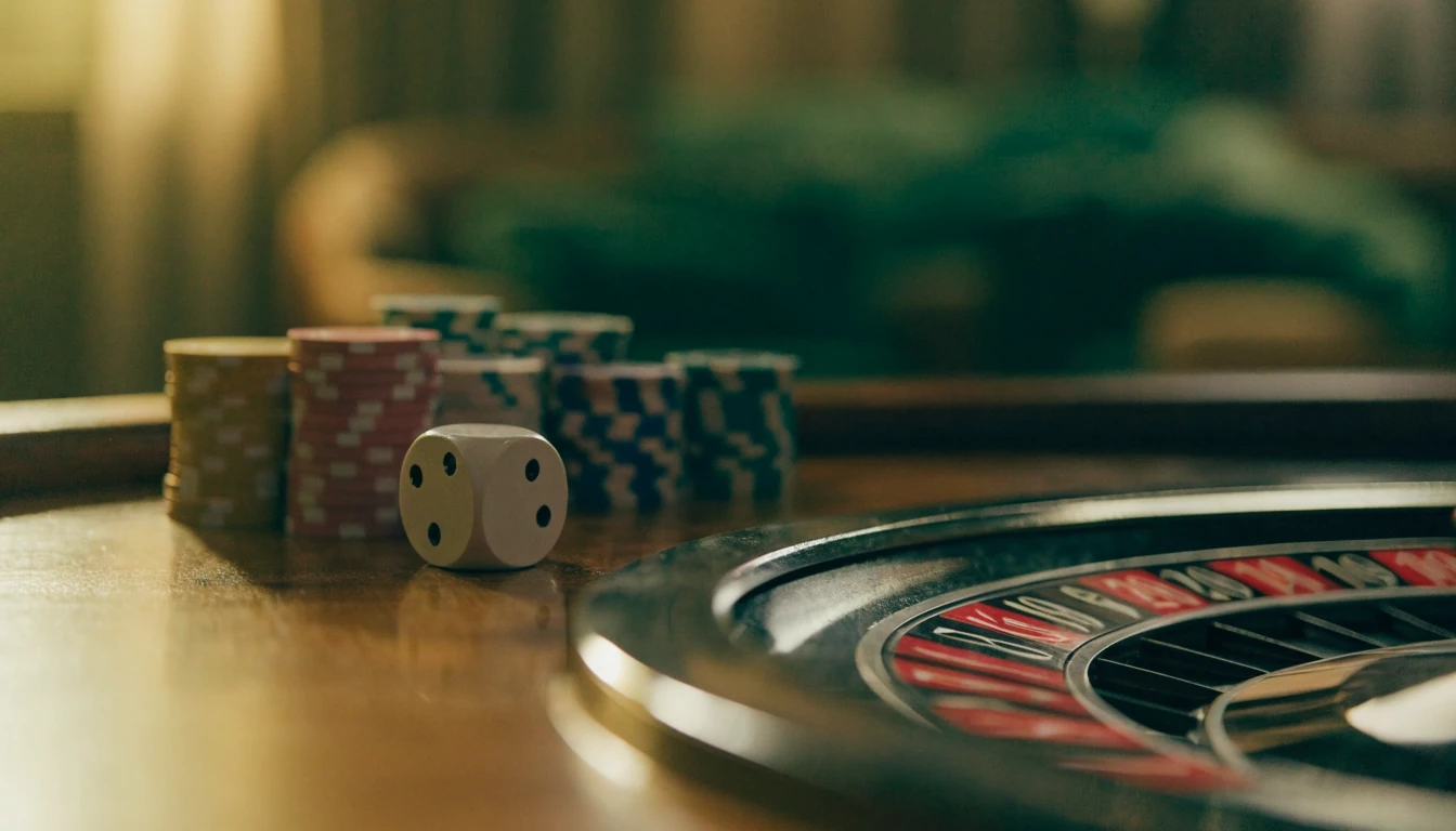 Roulettebord med marker och tärning på ett elegant casino