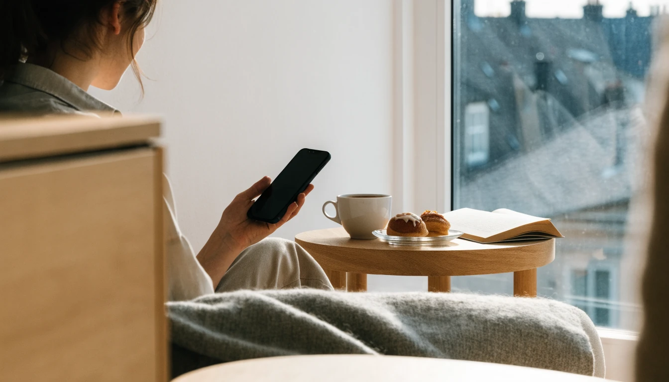 Svensk person med mobiltelefon i ljust minimalistiskt vardagsrum
