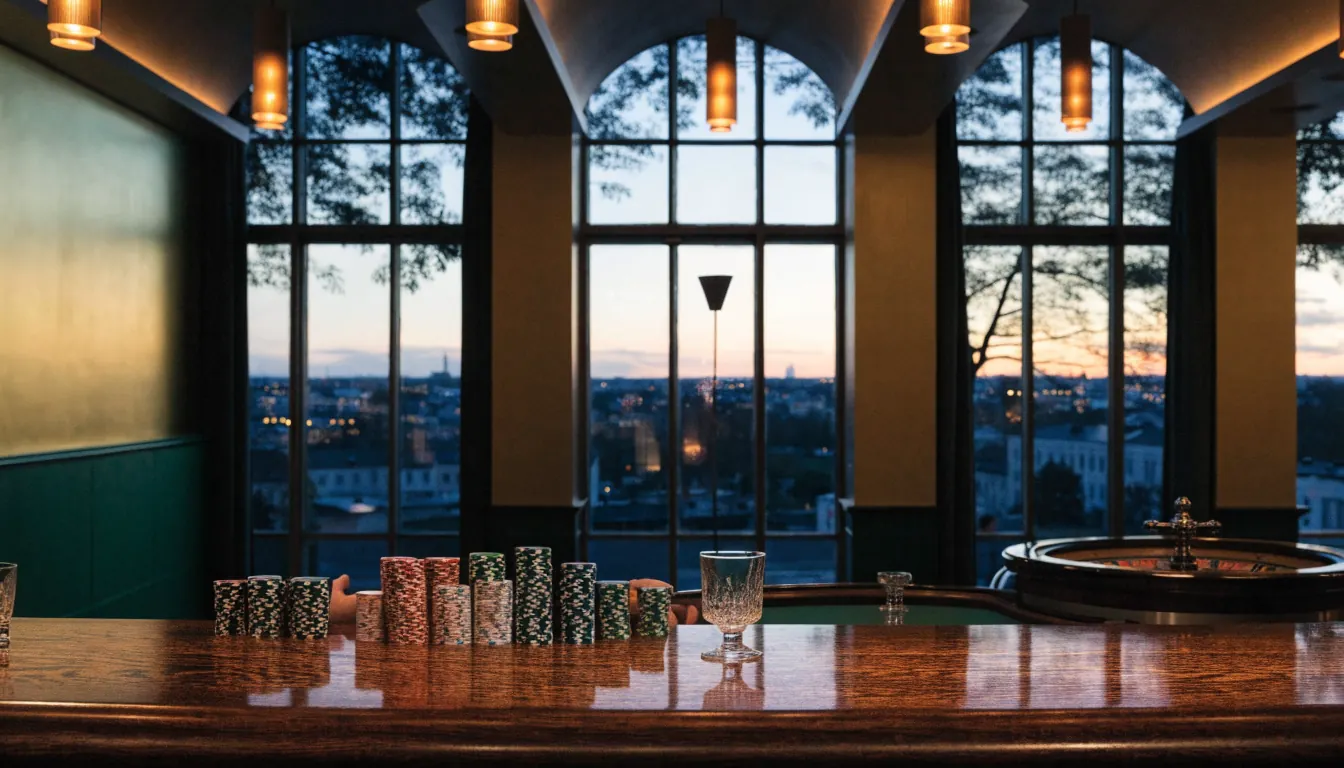 Elegant svensk casinolounge med roulette och pokerchips i Stockholm