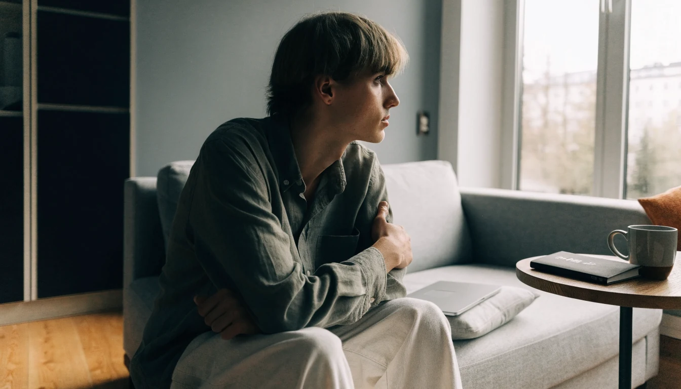 Svensk spelare med stängd laptop och pass i modernt vardagsrum